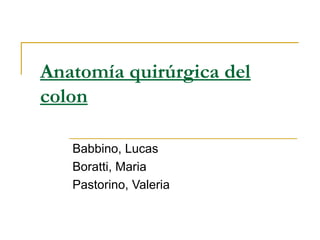 Anatomía quirúrgica del
colon

   Babbino, Lucas
   Boratti, Maria
   Pastorino, Valeria
 