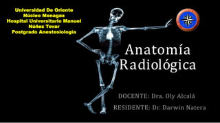 RESIDENTE: Dr. Darwin Natera
Anatomía
Radiológica
Universidad De Oriente
Núcleo Monagas
Hospital Universitario Manuel
Núñez Tovar
Postgrado Anestesiología
DOCENTE: Dra. Oly Alcalá
 