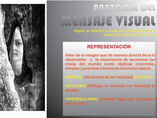 ANATOMÍA DEL
MENSAJE VISUAL
    Según su relación o grado de iconicidad con los
                    objetos de referencia en lo real


           REPRESENTACIÓN
Valor de la imagen que de manera directa lleva la
observador a la experiencia de reconocer las
cosas del mundo como réplicas concretas,
simples y precisas a través de la función óptica.

MÍMESIS (dar ilusión de ser realidad) REALISTA

REALISMO (Reflejar la realidad con fidelidad al
detalle)

HIPERREALISMO (Obtener algo más verdadero
que lo real)
 