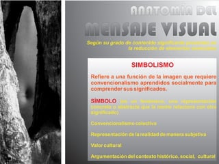 ANATOMÍA DEL
MENSAJE VISUAL
Según su grado de contenido significante presentes en
                la reducción de elementos esenciales


                  SIMBOLISMO
 Refiere a una función de la imagen que requiere
 convencionalismo aprendidos socialmente para
 comprender sus significados.

 SÍMBOLO (es un fenómeno, una representación
 concreta o abstracta que la mente relaciona con otro
 significado)

 Convencionalismo colectiva

 Representación de la realidad de manera subjetiva

 Valor cultural

 Argumentación del contexto histórico, social, cultural
 