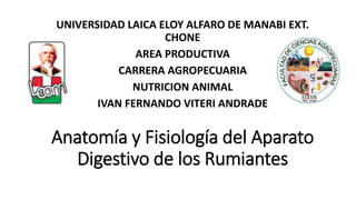 Anatomía y Fisiología del Aparato
Digestivo de los Rumiantes
UNIVERSIDAD LAICA ELOY ALFARO DE MANABI EXT.
CHONE
AREA PRODUCTIVA
CARRERA AGROPECUARIA
NUTRICION ANIMAL
IVAN FERNANDO VITERI ANDRADE
 