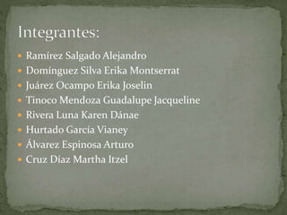  Ramírez Salgado Alejandro 
 Domínguez Silva Erika Montserrat 
 Juárez Ocampo Erika Joselin 
 Tinoco Mendoza Guadalupe Jacqueline 
 Rivera Luna Karen Dánae 
 Hurtado García Vianey 
 Álvarez Espinosa Arturo 
 Cruz Díaz Martha Itzel 
 