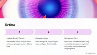 Retina
Lapisan Sensitif Cahaya
Retina adalah lapisan jaringan sensitif
cahaya yang melapisi bagian belakang
mata.
Konversi Cahaya
Retina mengubah cahaya menjadi
sinyal saraf yang dikirim ke otak.
Memproses Citra
Retina berisi sel-sel fotoreseptor yang
mendeteksi cahaya dan mengirimkan
informasi ke otak untuk diproses
menjadi gambar.
 