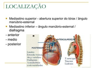 LOCALIZAÇÃO Mediastino superior - abertura superior do tórax / ângulo manúbrio-esternal Mediastino inferior – ângulo manúbrio-esternal /  diafragma - anterior - medio - posterior 