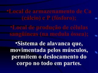 Local de armazenamento de Ca (cálcio) e P (fósforo); Local de produção de células sangüíneas (na medula óssea); Sistema de alavanca que, movimentada pelos músculos, permitem o deslocamento do corpo no todo em partes. 