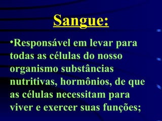 Sangue: Responsável em levar para todas as células do nosso organismo substâncias nutritivas, hormônios, de que as células necessitam para viver e exercer suas funções; 