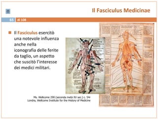 di 10865
Il Fasciculus Medicinae
 Il Fasciculus esercitò
una notevole influenza
anche nella
iconografia delle ferite
da taglio, un aspetto
che suscitò l’interesse
dei medici militari.
Ms. Wellcome 290 (seconda metà XV sec.) c. 54r
Londra, Wellcome Institute for the History of Medicine
 