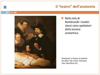 di 10897
Il “teatro” dell’anatomia
 Nella tela di
Rembrandt i medici
stessi sono spettatori
della lezione
anatomica.
Rembrandt, La lezione di anatomia
del Dottor Tulp (1632). Particolare
L’Aia, Mauritshuis D.R.
 