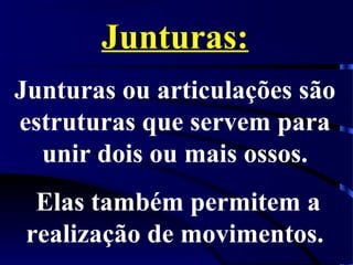 Junturas:
Junturas ou articulações são
estruturas que servem para
unir dois ou mais ossos.
Elas também permitem a
realização de movimentos.
 