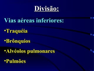 Divisão:Divisão:
Vias aéreas inferiores:Vias aéreas inferiores:
•TraquéiaTraquéia
•BrônquiosBrônquios
•Alvéolos pulmonaresAlvéolos pulmonares
•PulmõesPulmões
 