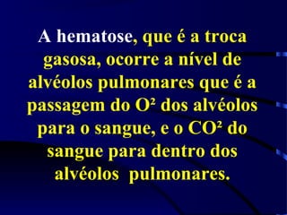 A hematose, que é a troca
gasosa, ocorre a nível de
alvéolos pulmonares que é a
passagem do O² dos alvéolos
para o sangue, e o CO² do
sangue para dentro dos
alvéolos pulmonares.
 
