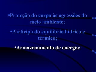 •Proteção do corpo às agressões doProteção do corpo às agressões do
meio ambiente;meio ambiente;
•Participa do equilíbrio hídrico eParticipa do equilíbrio hídrico e
térmico;térmico;
•Armazenamento de energia;Armazenamento de energia;
 