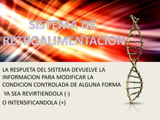 LA RESPUETA DEL SISTEMA DEVUELVE LA
INFORMACION PARA MODIFICAR LA
CONDICION CONTROLADA DE ALGUNA FORMA
YA SEA REVIRTIENDOLA (-)
O INTENSIFICANDOLA (+)
 