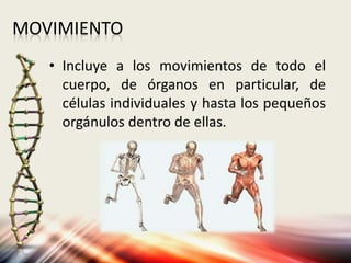 MOVIMIENTO
• Incluye a los movimientos de todo el
cuerpo, de órganos en particular, de
células individuales y hasta los pequeños
orgánulos dentro de ellas.
 