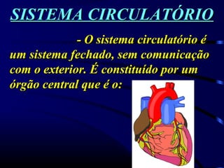 SISTEMA CIRCULATÓRIOSISTEMA CIRCULATÓRIO
- O sistema circulatório é- O sistema circulatório é
um sistema fechado, sem comunicaçãoum sistema fechado, sem comunicação
com o exterior. É constituído por umcom o exterior. É constituído por um
órgão central que é o:órgão central que é o:
 