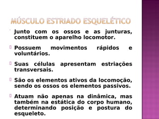 Junto com os ossos e as junturas,
constituem o aparelho locomotor.
 Possuem movimentos rápidos e
voluntários.
 Suas células apresentam estriações
transversais.
 São os elementos ativos da locomoção,
sendo os ossos os elementos passivos.
 Atuam não apenas na dinâmica, mas
também na estática do corpo humano,
determinando posição e postura do
esqueleto.
 