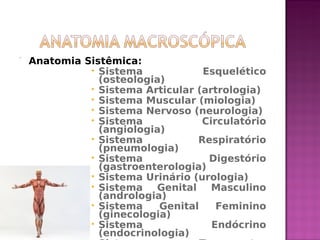 Anatomia Sistêmica:
• Sistema Esquelético
(osteologia)
• Sistema Articular (artrologia)
• Sistema Muscular (miologia)
• Sistema Nervoso (neurologia)
• Sistema Circulatório
(angiologia)
• Sistema Respiratório
(pneumologia)
• Sistema Digestório
(gastroenterologia)
• Sistema Urinário (urologia)
• Sistema Genital Masculino
(andrologia)
• Sistema Genital Feminino
(ginecologia)
• Sistema Endócrino
(endocrinologia)
 