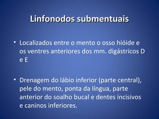 Linfonodos submentuais
• Localizados entre o mento o osso hióide e
os ventres anteriores dos mm. digástricos D
eE
• Drenagem do lábio inferior (parte central),
pele do mento, ponta da língua, parte
anterior do soalho bucal e dentes incisivos
e caninos inferiores.

 
