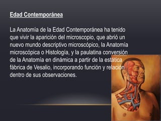 Edad Contemporánea
La Anatomía de la Edad Contemporánea ha tenido
que vivir la aparición del microscopio, que abrió un
nuevo mundo descriptivo microscópico, la Anatomía
microscópica o Histología, y la paulatina conversión
de la Anatomía en dinámica a partir de la estática
fábrica de Vesalio, incorporando función y relación
dentro de sus observaciones.
 