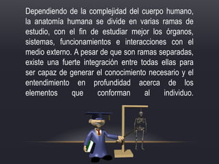 Dependiendo de la complejidad del cuerpo humano,
la anatomía humana se divide en varias ramas de
estudio, con el fin de estudiar mejor los órganos,
sistemas, funcionamientos e interacciones con el
medio externo. A pesar de que son ramas separadas,
existe una fuerte integración entre todas ellas para
ser capaz de generar el conocimiento necesario y el
entendimiento en profundidad acerca de los
elementos que conforman al individuo.
 