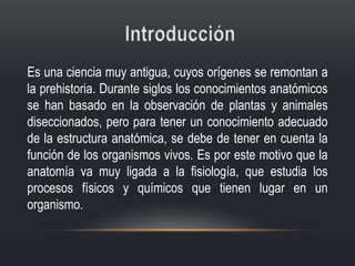Es una ciencia muy antigua, cuyos orígenes se remontan a
la prehistoria. Durante siglos los conocimientos anatómicos
se han basado en la observación de plantas y animales
diseccionados, pero para tener un conocimiento adecuado
de la estructura anatómica, se debe de tener en cuenta la
función de los organismos vivos. Es por este motivo que la
anatomía va muy ligada a la fisiología, que estudia los
procesos físicos y químicos que tienen lugar en un
organismo.
 