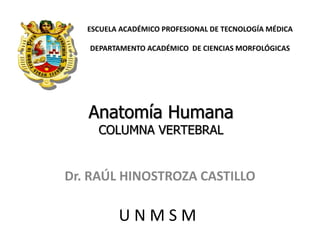 Dr. RAÚL HINOSTROZA CASTILLO
Anatomía Humana
COLUMNA VERTEBRAL
ESCUELA ACADÉMICO PROFESIONAL DE TECNOLOGÍA MÉDICA
DEPARTAMENTO ACADÉMICO DE CIENCIAS MORFOLÓGICAS
U N M S M
 