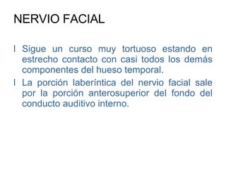 NERVIO FACIAL Sigue un curso muy tortuoso estando en estrecho contacto con casi todos los demás componentes del hueso temporal. La porción laberíntica del nervio facial sale por la porción anterosuperior del fondo del conducto auditivo interno. 