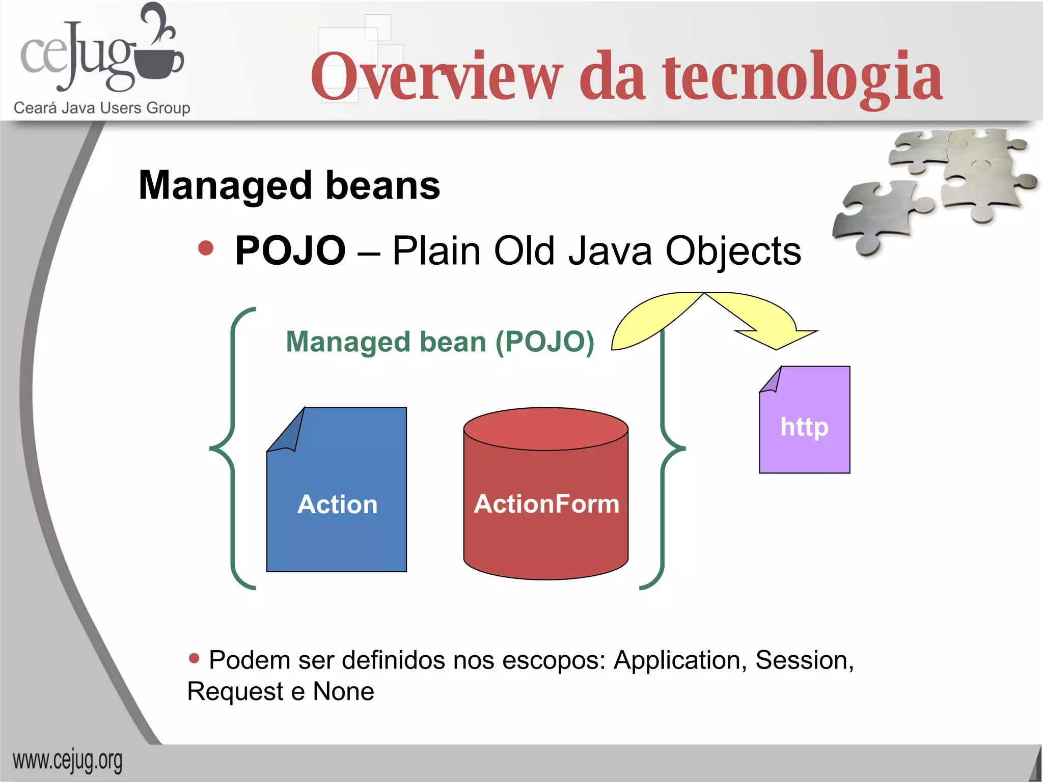 Overview da tecnologia POJO  – Plain Old Java Objects Managed beans Action ActionForm Managed bean (POJO) http Podem ser definidos nos escopos: Application, Session, Request e None 
