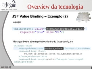 Overview da tecnologia JSF Value Binding – Exemplo (2) login.jsp Managed-beans são registrados dentro do faces-config.xml 