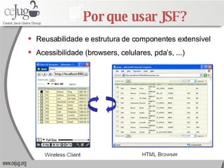 Por que usar JSF? <ul><li>Reusabilidade e estrutura de componentes extensível </li></ul><ul><li>Acessibilidade (browsers, ...