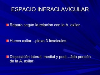 ESPACIO INFRACLAVICULAR Reparo según la relación con la A. axilar.  Hueco axilar…plexo 3 fascículos.  Disposición lateral, medial y post…2da porción de la A. axilar.  