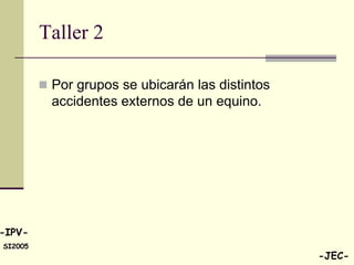 Taller 2

          Por grupos se ubicarán las distintos
           accidentes externos de un equino.




-IPV-
SI2005
                                                  -JEC-
 