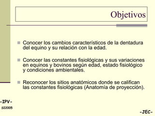 Objetivos

          Conocer los cambios característicos de la dentadura
           del equino y su relación con la edad.

          Conocer las constantes fisiológicas y sus variaciones
           en equinos y bovinos según edad, estado fisiológico
           y condiciones ambientales.

          Reconocer los sitios anatómicos donde se califican
           las constantes fisiológicas (Anatomía de proyección).

-IPV-
SI2005
                                                             -JEC-
 