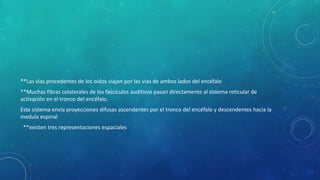 **Las vías procedentes de los oídos viajan por las vias de ambos lados del encéfalo
**Muchas fibras colaterales de los fascículos auditivos pasan directamente al sistema reticular de
activación en el tronco del encéfalo.
Este sistema envía proyecciones difusas ascendentes por el tronco del encéfalo y descendentes hacia la
medula espinal
**existen tres representaciones espaciales
 