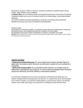 blanquecino, de grosor variable, envuelve en casi toda su extensión la superficie externa de los
huesos. Tienen arterias, venas y linfáticos).
La Medula Ósea: Es una sustancia blanda, de consistencia pulposa que se encuentra en todas las
cavidades del tejido óseo, que es el conducto central de los huesos largos, y las areolas del tejido
esponjoso.
Su función es aligerar las piezas esqueléticas y contribuye a la formación de los elementos
figurados de la sangre por lo que es importante la hematopoyesis.
Eminencia osea
Los huesos en su estructura pueden o no presentar algunos tipos de protuberancias o eminencias
Eminencia articular: son protuberancias que van a articular con otros huesos
No articulares sirven para inserción de tendones y musculos, no articulan con huesos
Apófisis Parte saliente de un hueso que sirve para permitir algún tipo de articulación o para insertar
los músculos correspondientes.
OSIFICACIÓN:
- Osificación Intramembranosa: Es una transformación directa del tejido fibroso a
tejido óseo. Se realiza a partir del centro de osificación y desde ahí se va osificando a
la periferia.
- Osificación Endocondral: Es una transformación indirecta, en el tejido inicial se
diferencian condroblastos que producen un nuevo molde de cartílago hialino formando
centros de osificación primarios (diáfisis) y secundarios (epífisis).
La osificación membranosa tiene como característica la formación del tejido óseo sin
utilizar cartílago hialino como guía para este proceso. Es característica de los huesos planos
de la calvaria craneana. La osificación endocondral se caracteriza por utilizar un cartílago
hialino como molde, para llegar a la osificación, el cartílago pasa por distintas fases
 