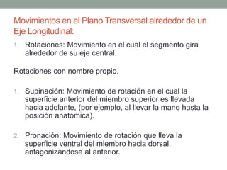 Movimientos en el Plano Transversal alrededor de un
Eje Longitudinal:
1. Rotaciones: Movimiento en el cual el segmento gira
alrededor de su eje central.
Rotaciones con nombre propio.
1. Supinación: Movimiento de rotación en el cual la
superficie anterior del miembro superior es llevada
hacia adelante, (por ejemplo, al llevar la mano hasta la
posición anatómica).
2. Pronación: Movimiento de rotación que lleva la
superficie ventral del miembro hacia dorsal,
antagonizándose al anterior.
 
