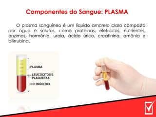Componentes do Sangue: PLASMA
O plasma sanguíneo é um líquido amarelo claro composto
por água e solutos, como proteínas, eletrólitos, nutrientes,
enzimas, hormônio, ureia, ácido úrico, creatinina, amônia e
bilirrubina.
 