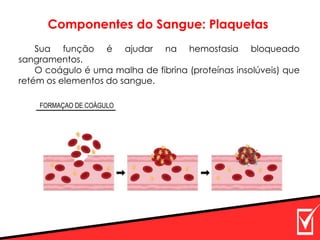 Componentes do Sangue: Plaquetas
Sua função é ajudar na hemostasia bloqueado
sangramentos.
O coágulo é uma malha de fibrina (proteínas insolúveis) que
retém os elementos do sangue.
 