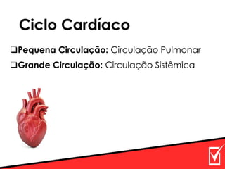 Ciclo Cardíaco
❑Pequena Circulação: Circulação Pulmonar
❑Grande Circulação: Circulação Sistêmica
 