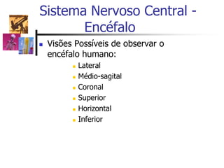  Visões Possíveis de observar o
encéfalo humano:
 Lateral
 Médio-sagital
 Coronal
 Superior
 Horizontal
 Inferior
Sistema Nervoso Central -
Encéfalo
 