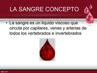 LA SANGRE CONCEPTO

• La sangre es un liquido viscoso que
  circula por capilares, venas y arterias de
  todos los vertebrados e invertebrados
 