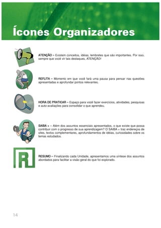 14
Ícones Organizadores
ATENÇÃO – Existem conceitos, idéias, lembretes que são importantes. Por isso,
sempre que você vir tais destaques, ATENÇÃO!
REFLITA – Momento em que você fará uma pausa para pensar nas questões
apresentadas e aprofundar pontos relevantes.
HORA DE PRATICAR – Espaço para você fazer exercícios, atividades, pesquisas
e auto-avaliações para consolidar o que aprendeu.
SAIBA + – Além dos assuntos essenciais apresentados, o que existe que possa
contribuir com o progresso de sua aprendizagem? O SAIBA + traz endereços de
sites, textos complementares, aprofundamentos de idéias, curiosidades sobre os
temas estudados.
RESUMO – Finalizando cada Unidade, apresentamos uma síntese dos assuntos
abordados para facilitar a visão geral do que foi explorado.
 