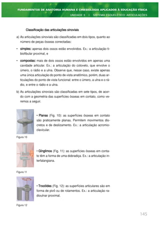 Classificação das articulações sinoviais
a) As articulações sinoviais são classificadas em dois tipos, quanto ao
número de peças ósseas conectadas:
• simples: apenas dois ossos estão envolvidos. Ex.: a articulação ti-
biofibular proximal, e
• compostas: mais de dois ossos estão envolvidos em apenas uma
cavidade articular. Ex.: a articulação do cotovelo, que envolve o
úmero, o rádio e a ulna. Observe que, nesse caso, existe apenas
uma única articulação do ponto de vista anatômico, porém, duas ar-
ticulações do ponto de vista funcional: entre o úmero, a ulna e o rá-
dio, e entre o rádio e a ulna.
b) As articulações sinoviais são classificadas em sete tipos, de acor-
do com a geometria das superfícies ósseas em contato, como ve-
remos a seguir.
• Planas (Fig. 10): as superfícies ósseas em contato
são praticamente planas. Permitem movimentos dis-
cretos e de deslizamento. Ex.: a articulação acromio-
clavicular.
Figura 10
• Gínglimos (Fig. 11): as superfícies ósseas em conta-
to têm a forma de uma dobradiça. Ex.: a articulação in-
terfalangiana.
Figura 11
• Trocóides (Fig. 12): as superfícies articulares são em
forma de pivô ou de rolamentos. Ex.: a articulação ra-
dioulnar proximal.
Figura 12
145
FUNDAMENTOS DE ANATOMIA HUMANA E CINESIOLOGIA APLICADOS À EDUCAÇÃO FÍSICA
UNIDADE 3 | SISTEMA ESQUELÉTICO: ARTICULAÇÕES
 