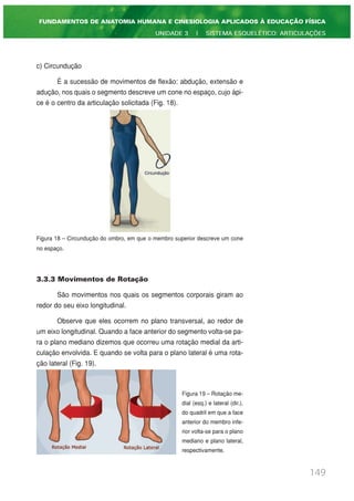 c) Circundução
É a sucessão de movimentos de flexão: abdução, extensão e
adução, nos quais o segmento descreve um cone no espaço, cujo ápi-
ce é o centro da articulação solicitada (Fig. 18).
Figura 18 – Circundução do ombro, em que o membro superior descreve um cone
no espaço.
3.3.3 Movimentos de Rotação
São movimentos nos quais os segmentos corporais giram ao
redor do seu eixo longitudinal.
Observe que eles ocorrem no plano transversal, ao redor de
um eixo longitudinal. Quando a face anterior do segmento volta-se pa-
ra o plano mediano dizemos que ocorreu uma rotação medial da arti-
culação envolvida. E quando se volta para o plano lateral é uma rota-
ção lateral (Fig. 19).
Figura 19 – Rotação me-
dial (esq.) e lateral (dir.),
do quadril em que a face
anterior do membro infe-
rior volta-se para o plano
mediano e plano lateral,
respectivamente.
149
FUNDAMENTOS DE ANATOMIA HUMANA E CINESIOLOGIA APLICADOS À EDUCAÇÃO FÍSICA
UNIDADE 3 | SISTEMA ESQUELÉTICO: ARTICULAÇÕES
 