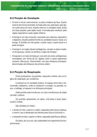 8.3 Porção de Condução
• O nariz é visível, externamente, no plano mediano da face. A parte
externa tem forma piramidal, formada pela raiz, pela base, pelo ápi-
ce e pelo dorso do nariz. A parte interna é a cavidade nasal, divida
em duas porções, pelo septo nasal, e formada pelo vestíbulo, pela
região respiratória e pela região olfatória.
• A faringe é um tubo muscular, associado aos sistemas respiratório
e digestivo, situado posteriormente às cavidades bucal e nasal, e à
laringe. É dividida em três partes: a parte nasal, a parte bucal e a
parte laríngica.
• A laringe é um órgão tubular cartilaginoso, situado no plano media-
no do pescoço, sendo via aerífera e órgão de fonação.
• A traquéia é um tubo formado por uma série de anéis cartilaginosos
incompletos (em forma de C), ligados entre si pelos ligamentos
anulares. Bifurca-se, inferiormente, nos dois brônquios principais,
denominados de brônquios de primeira ordem.
8.4 Porção de Respiração
Como já dissemos, os pulmões, esquerdo e direito, são os ór-
gãos de respiração, por excelência.
Localizam-se na cavidade torácica. O espaço entre eles é de-
nominado mediastino, onde se localizam o coração, os grandes va-
sos, o esôfago, a traquéia e os brônquios principais.
Cada pulmão está envolto por um saco membranoso de dupla
camada: a pleura.
Os pulmões apresentam um ápice, uma base e duas faces:
costal e medial.
São divididos em lobos:
• o direito em três: superior e médio, separados pela fissura oblíqua,
e inferior, que é destacado dos demais pela fissura horizontal; e
• o esquerdo em dois: superior e inferior, separados pela fissura oblíqua.
Os lobos, por sua vez, são subdivididos em segmentos bronco-
pulmonares.
187
FUNDAMENTOS DE ANATOMIA HUMANA E CINESIOLOGIA APLICADOS À EDUCAÇÃO FÍSICA
UNIDADE 8 | SISTEMA RESPIRATÓRIO
 