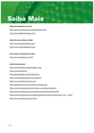 200
Saiba Mais
Atlas de Anatomia (on line)
http://www.innerbody.com/image/skelfov.html
http://www.atlasofanatomy.com/
Links de Livros-Texto e Atlas
http://www.anatomyatlases.org/
http://www.medicalstudent.com/
Livro Gray´s Anatomia (on line)
http://www.bartleby.com/107/
Links Interessantes
http://www.afh.bio.br/digest/digest1.asp
http://www.afh.bio.br/
http://pt.wikipedia.org/wiki/Anatomia
http://www.todabiologia.com/anatomia/
http://www.auladeanatomia.com/
http://paginas.terra.com.br/educacao/anatomia/
http://www.discoverybrasil.com/diario_anatomia/interativo/
http://www.medstudents.com.br/basic/anatomia/anatomia.htm
http://www.msd-brazil.com/msdbrazil/patients/manual_Merck/mm_sec1_1.html
http://www.medlinks.com.br/Cool/
 