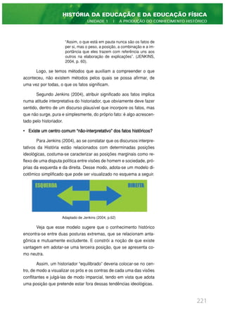 “Assim, o que está em pauta nunca são os fatos de
per si, mas o peso, a posição, a combinação e a im-
portância que eles trazem com referência uns aos
outros na elaboração de explicações”. (JENKINS,
2004, p. 60).
Logo, se temos métodos que auxiliam a compreender o que
aconteceu, não existem métodos pelos quais se possa afirmar, de
uma vez por todas, o que os fatos significam.
Segundo Jenkins (2004), atribuir significado aos fatos implica
numa atitude interpretativa do historiador, que obviamente deve fazer
sentido, dentro de um discurso plausível que incorpore os fatos, mas
que não surge, pura e simplesmente, do próprio fato: é algo acrescen-
tado pelo historiador.
• Existe um centro comum “não-interpretativo” dos fatos históricos?
Para Jenkins (2004), ao se constatar que os discursos interpre-
tativos da História estão relacionados com determinadas posições
ideológicas, costuma-se caracterizar as posições marginais como re-
flexo de uma disputa política entre visões de homem e sociedade, pró-
prias da esquerda e da direita. Desse modo, adota-se um modelo di-
cotômico simplificado que pode ser visualizado no esquema a seguir.
Adaptado de Jenkins (2004, p.62)
Veja que esse modelo sugere que o conhecimento histórico
encontra-se entre duas posturas extremas, que se relacionam anta-
gônica e mutuamente excludente. E constrói a noção de que existe
vantagem em adotar-se uma terceira posição, que se apresenta co-
mo neutra.
Assim, um historiador “equilibrado” deveria colocar-se no cen-
tro, de modo a visualizar os prós e os contras de cada uma das visões
conflitantes e julgá-las de modo imparcial, tendo em vista que adota
uma posição que pretende estar fora dessas tendências ideológicas.
221
HISTÓRIA DA EDUCAÇÃO E DA EDUCAÇÃO FÍSICA
UNIDADE 1 | A PRODUÇÃO DO CONHECIMENTO HISTÓRICO
 