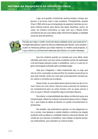 Logo, se a questão, inicialmente, parecia simples, começa, aos
poucos, a se tornar mais e mais complexa. Principalmente, quando
Chauí (1980) afirma que a transposição de aspectos inerentes ao con-
texto histórico-cultural, para dentro das idéias filosóficas, ocorre, às
vezes, de maneira involuntária, ou seja, sem que o filósofo tenha
consciência de que suas idéias estão intimamente ligadas à realidade
social da qual ele pertence.
Isso fica evidente quando se constata que suas idéias serão
utilizadas para fazer com que certas condições sociais de exploração
e de dominação pareçam justas e verdadeiras, como é o caso do re-
gime escravagista praticado pela sociedade grega.
Veja que o Diagrama 1 indica exatamente isso, ou seja, que
não há como o pensador se desvencilhar do contexto sociocultural no
qual está inserido, tendo em vista estar profundamente marcado pe-
los valores e conceitos da sua época.
Desse modo, as suas idéias fazem parte do discurso de um ho-
mem imerso em uma cultura. Discurso esse construído de maneira a
ser compreensível para os outros homens com os quais convive e
com os quais o filósofo compartilha alguns princípios básicos.
No entanto, a impossibilidade das idéias contribuírem para uma
transformação radical do contexto sociocultural pesa contra o Diagra-
ma 1, pois impõe às idéias do filósofo um caráter eminentemente re-
produtivista.
Na verdade, não pretendemos apontar um dos diagramas co-
mo o correto, mas destacar o caráter dialético e dinâmico da relação
existente entre as idéias e a realidade histórico-cultural do filósofo. Em
virtude de sua natureza contraditória, essa relação comporta proces-
sos ambivalentes, que coexistem ao mesmo tempo.
236
HISTÓRIA DA EDUCAÇÃO E DA EDUCAÇÃO FÍSICA
UNIDADE 2 | A HISTÓRIA DO CORPO E DA EDUCAÇÃO FÍSICA
Perceba que negar o caráter construído dessa realidade social, que existe de for-
ma legitimada apenas a partir do discurso elaborado pelo filósofo, como também,
ocultar os interesses políticos que estão implícitos no modelo social proposto, é
o que confere ao conhecimento elaborado pelo filósofo um caráter ideológico.
 