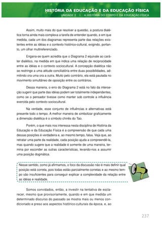 Assim, muito mais do que resolver a questão, a postura dialé-
tica torna ainda mais complexa a tarefa de entender quando, e em que
medida, cada um dos diagramas representa parte das relações exis-
tentes entre as idéias e o contexto histórico-cultural, exigindo, portan-
to, um olhar multireferenciado.
Engana-se quem acredita que o Diagrama 2 equivale ao cará-
ter dialético, na medida em que indica uma relação de reciprocidade
entre as idéias e o contexto sociocultural. A concepção dialética não
se restringe a uma atitude conciliatória entre duas possibilidades, ad-
mitindo ora uma ora a outra. Muito pelo contrário, ela está pautada no
movimento simultâneo de oposição entre os contrários.
Dessa maneira, o erro do Diagrama 2 está no fato da interse-
ção sugerir que parte das idéias podem ser totalmente independentes,
como se o pensador tivesse como manter sob controle a influência
exercida pelo contexto sociocultural.
Na verdade, esse conjunto de influências e alternativas está
presente todo o tempo. A melhor maneira de simbolizar graficamente
a dimensão dialética é o símbolo chinês do Tao.
Porém, o que mais nos interessa nesta disciplina de História da
Educação e da Educação Física é a compreensão de que cada uma
dessas posições é verdadeira e, ao mesmo tempo, falsa. Veja que, ao
retratar uma parte da realidade, cada posição ajuda a compreendê-la,
mas quando sugere que a realidade é somente de uma maneira, ter-
mina por esconder as outras características, levando-nos a assumir
uma posição dogmática.
Somos convidados, então, a investir na tentativa de escla-
recer, mesmo que provisoriamente, quando e em que medida um
determinado discurso do passado se mostra mais ou menos con-
dicionado e preso aos aspectos histórico-culturais da época, e, ao
237
HISTÓRIA DA EDUCAÇÃO E DA EDUCAÇÃO FÍSICA
UNIDADE 2 | A HISTÓRIA DO CORPO E DA EDUCAÇÃO FÍSICA
Nesse sentido, como já afirmamos, o foco da discussão não é mais definir qual
posição está correta, pois todas estão parcialmente corretas e ao mesmo tem-
po são insuficientes para conseguir explicar a complexidade da relação entre
as idéias e realidade.
 