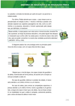 ra subsidiar a tomada de decisão por parte de quem vai governar a
cidade-estado.
Por último, Platão adverte que o corpo — caso viesse a ser su-
pervalorizado em relação à alma — levaria o indivíduo a prestar uma
atenção especial aos aspectos passageiros da vida, como os sofri-
mentos e os prazeres, deixando o homem aprisionado pelo desejo
que, por definição, é insaciável.
O diagrama abaixo faz uma analogia entre os princípios platô-
nicos de alma e corpo, com um copo cheio de óleo e água.
Repare que o nível de água, nos copos (corpo) do guardião e
do atleta, é demarcado de forma precisa, de acordo com a função so-
cial que compete a cada um.
No caso do guardião, defensor e protetor da cidade, é neces-
sário atender a um critério mínimo e a um máximo.
No caso do atleta, para vencer as competições esportivas, é
preciso atender a um critério mínimo. Como o guardião é um genera-
lista, a largura do copo é maior que a do atleta, mas se fosse compe-
tir na modalidade na qual o atleta é campeão, certamente perderia,
pois a altura da base do atleta é muito maior.
245
HISTÓRIA DA EDUCAÇÃO E DA EDUCAÇÃO FÍSICA
UNIDADE 2 | A HISTÓRIA DO CORPO E DA EDUCAÇÃO FÍSICA
Nesse sentido, o corpo passa a ser visto como o túmulo da alma, levando Pla-
tão a postular, ao longo do processo educativo, uma poda regular dos desejos:
é necessário que a alma volte “as costas para o mundo do corpo e dos senti-
dos, para se poder concentrar no exame das verdades puramente abstratas”.
(JAEGER, 1979, p. 549).
 